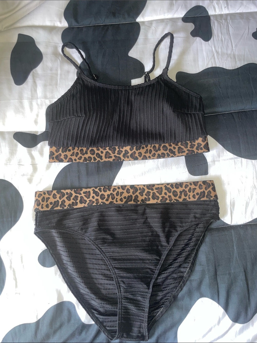 Black Bikini Set with Leopard Trim